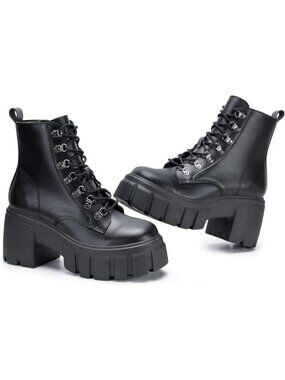 Women’s Combat Boots Lace up Side Zipper Ankle Botas Heel Chunky Platform Black